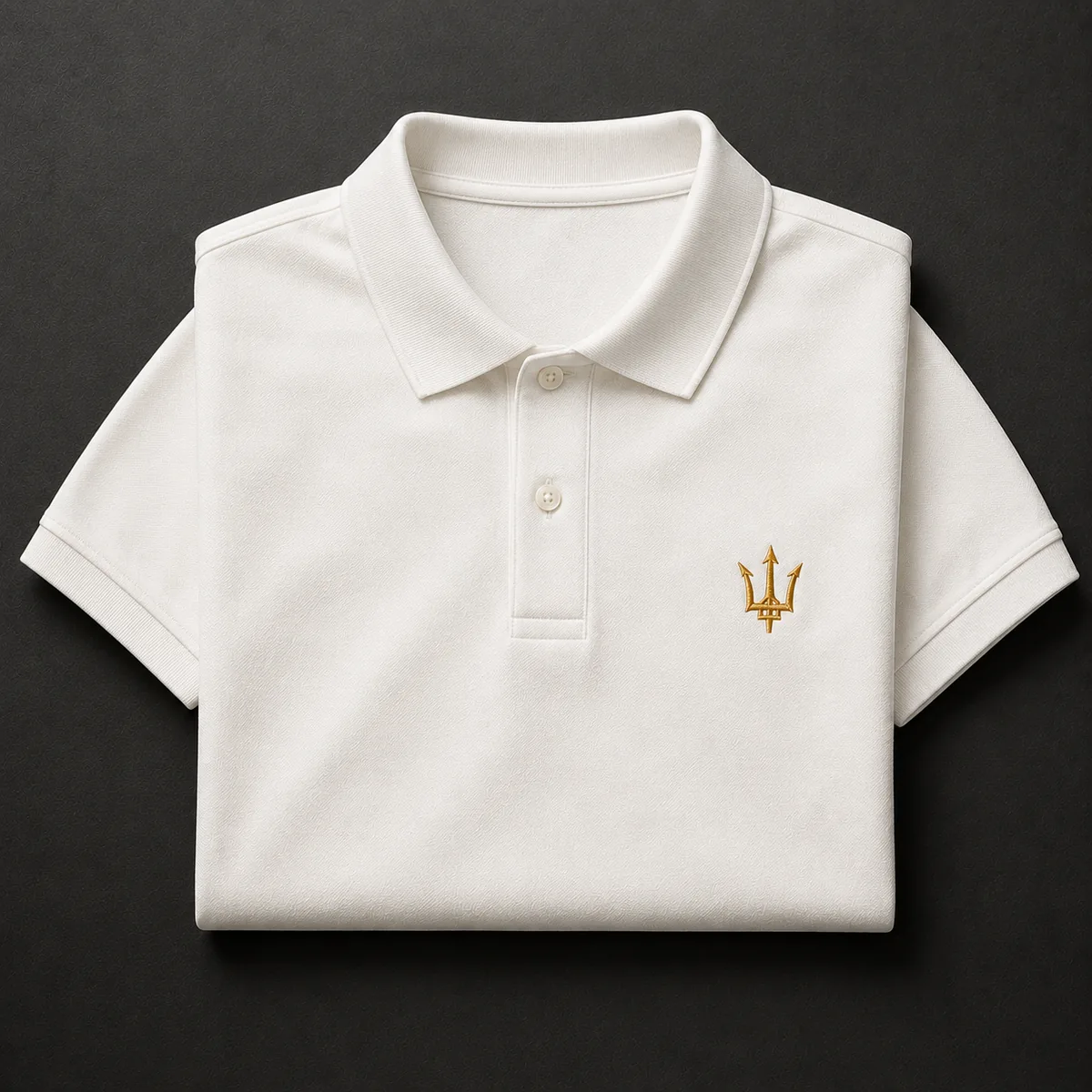 Polo Trident homme Blanc Prestige, plié — broderie trident fil or, TAMBA