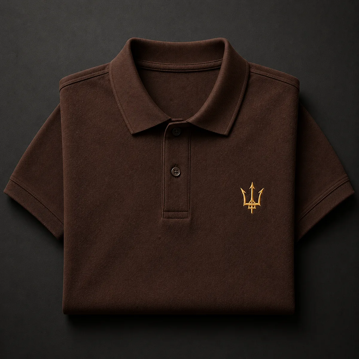 Polo Trident homme Marron Chocolat, plié — broderie trident fil or, TAMBA